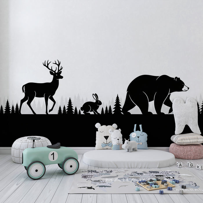 Papier peint chambre enfant | Silhouettes d'animaux sauvages dans une forêt