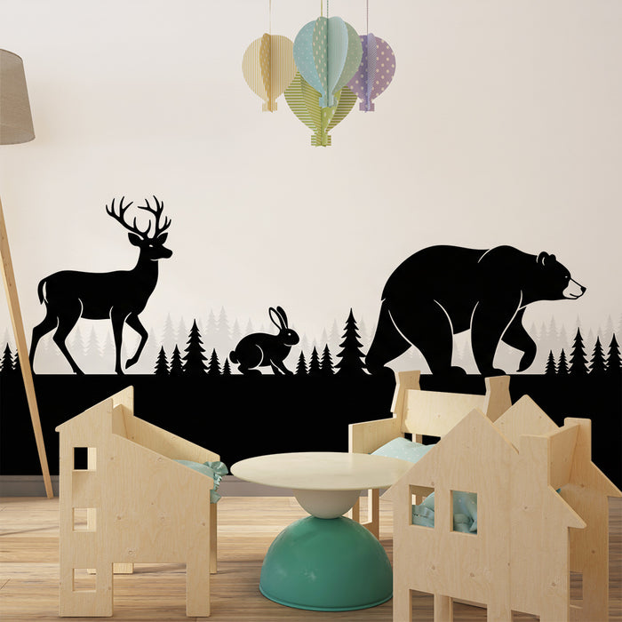 Papier peint chambre enfant | Silhouettes d'animaux sauvages dans une forêt