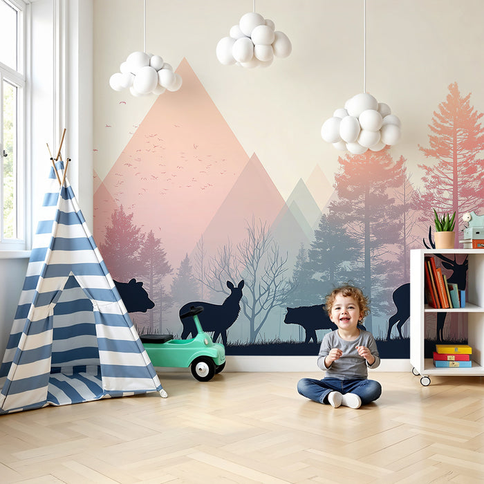 Kids room wallpaper | Metsikute loomade siluetid värvilises metsas