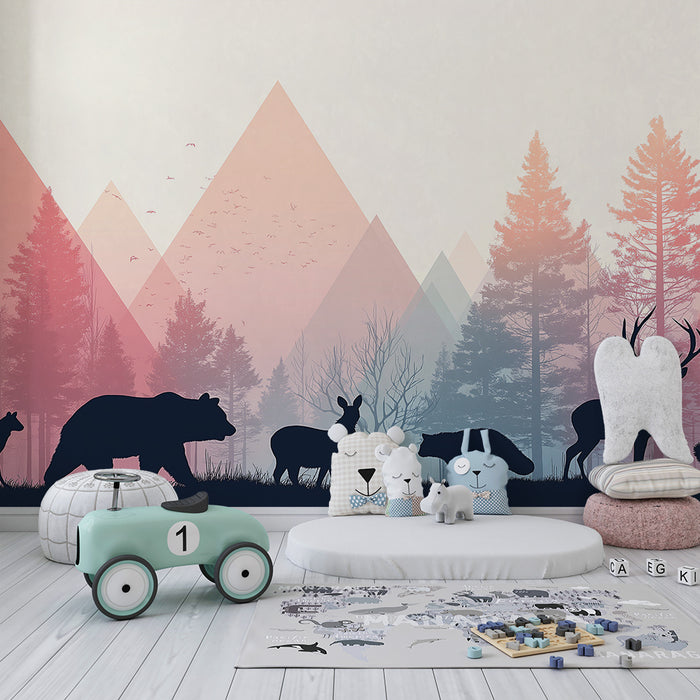 Kids room wallpaper | Metsikute loomade siluetid värvilises metsas