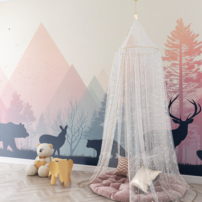 Kids room wallpaper | Metsikute loomade siluetid värvilises metsas