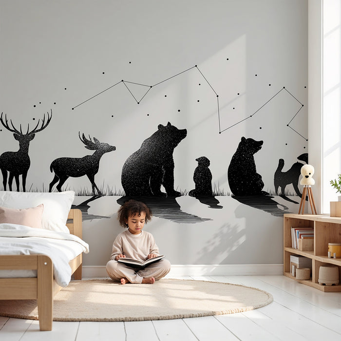 Kids room wallpaper | Siluety zvířat pod hvězdnou oblohou