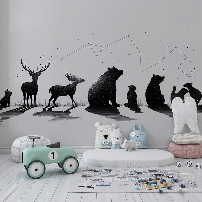 Kids room wallpaper | Siluety zvířat pod hvězdnou oblohou