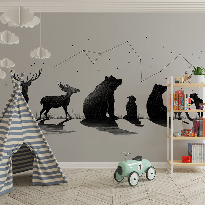 Kids room wallpaper | Siluety zvířat pod hvězdnou oblohou