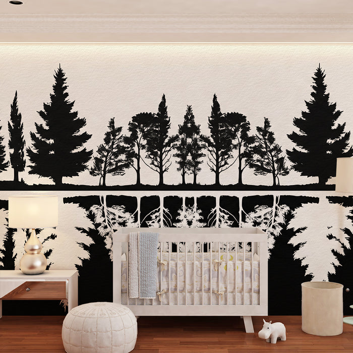 Papel de parede criança | Silhuetas de árvores em preto e branco com reflexo