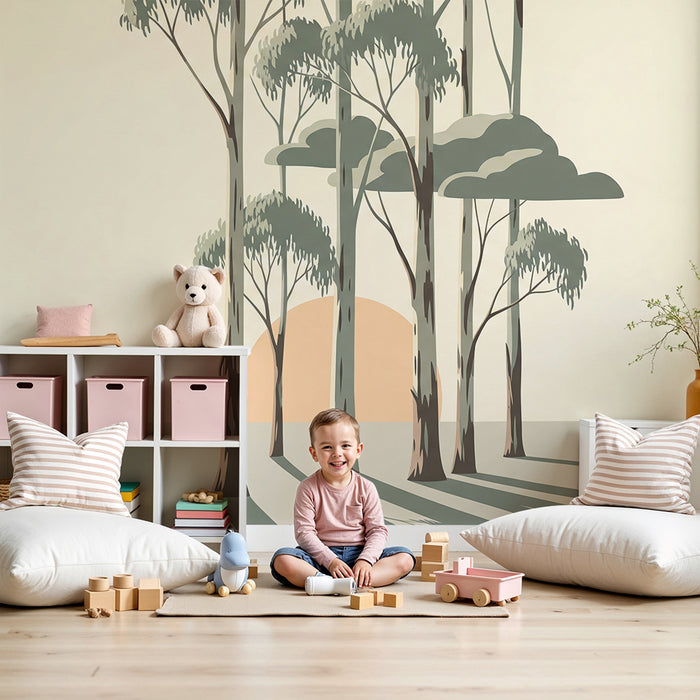 Papier peint chambre enfant | Silhouettes d'eucalyptus au coucher de soleil