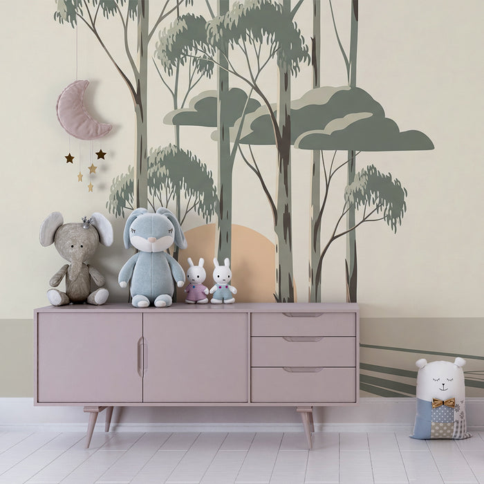 Papier peint chambre enfant | Silhouettes d'eucalyptus au coucher de soleil