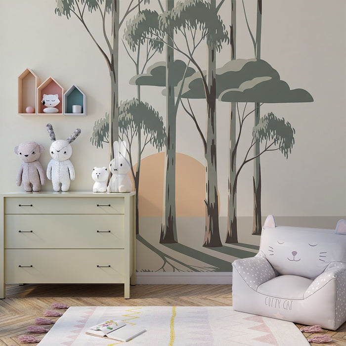 Papier peint chambre enfant | Silhouettes d'eucalyptus au coucher de soleil