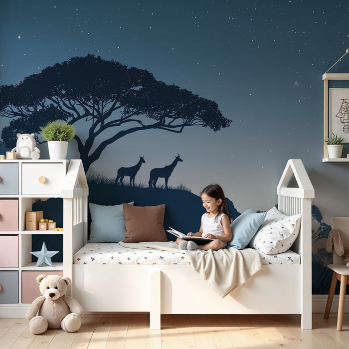 Kinderkamer behang | Silhouetten van herten onder de sterren