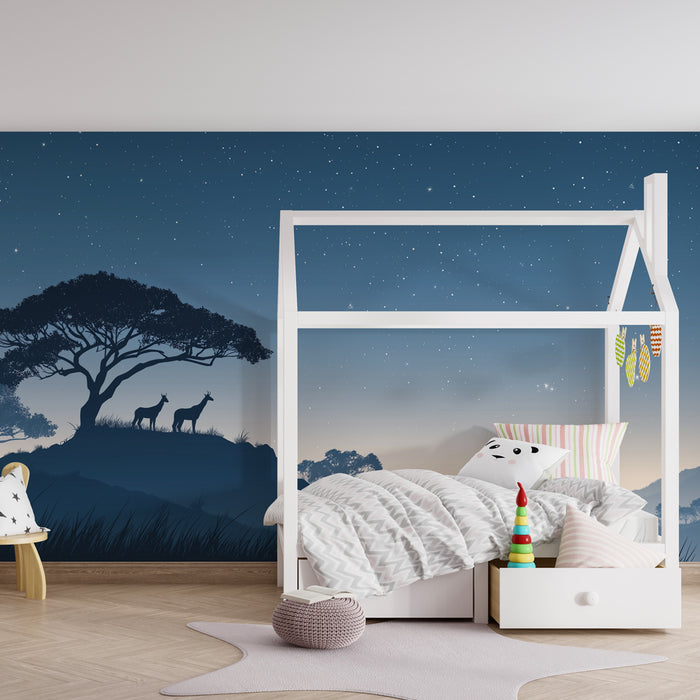 Kinderkamer behang | Silhouetten van herten onder de sterren