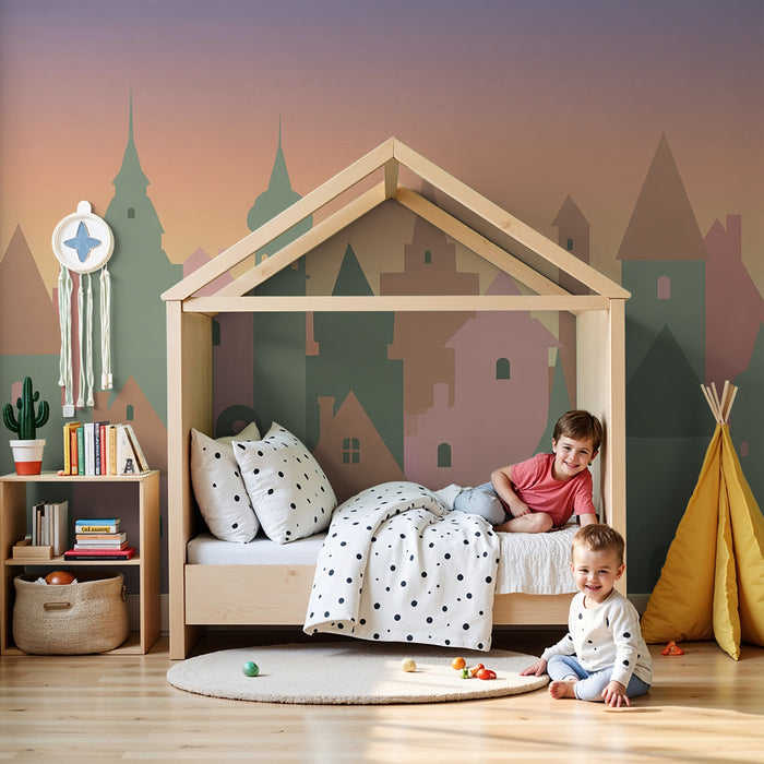 Kinderkamer behang | Pastel kasteelsilhouetten bij zonsondergang
