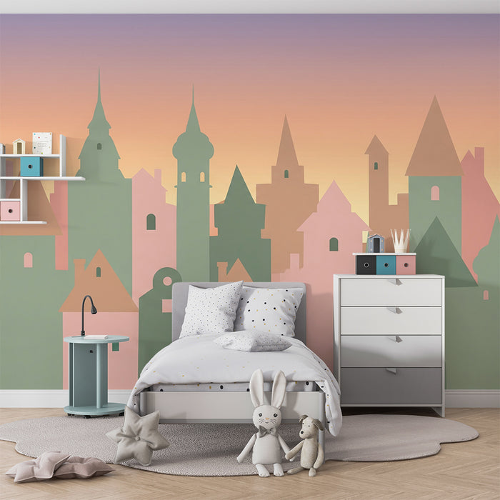 Kinderkamer behang | Pastel kasteelsilhouetten bij zonsondergang