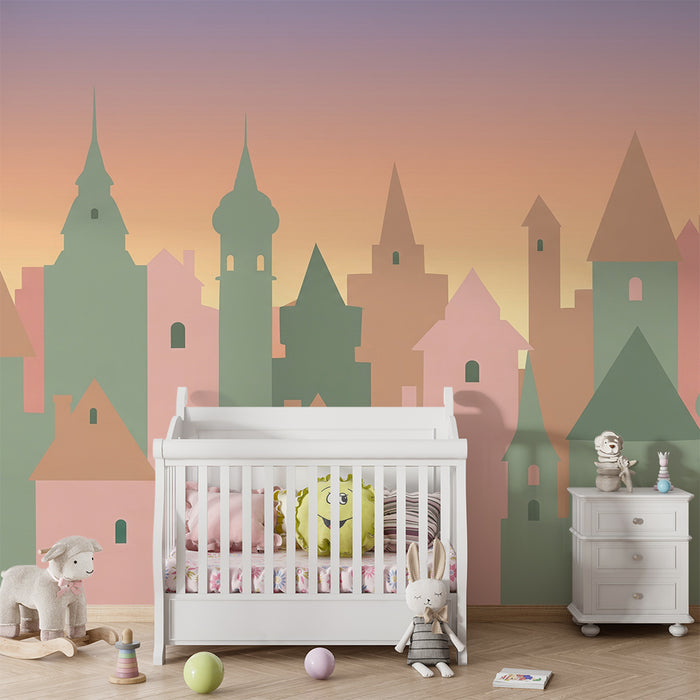 Kinderkamer behang | Pastel kasteelsilhouetten bij zonsondergang