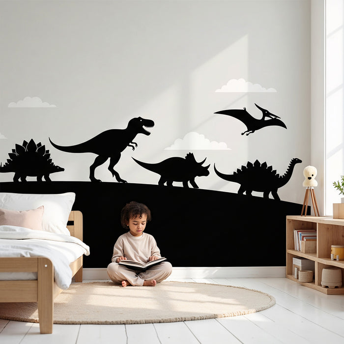 Kids' Room Wallpaper | Dinosaur Silhouettes on a Cloudy Background