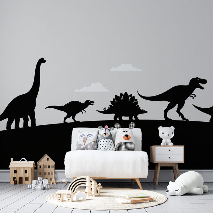 Kids' Room Wallpaper | Dinosaur Silhouettes on a Cloudy Background