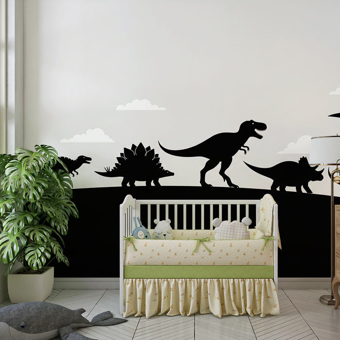 Kids' Room Wallpaper | Dinosaur Silhouettes on a Cloudy Background