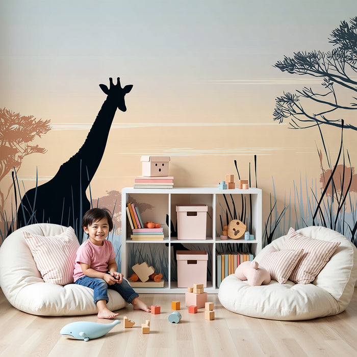 Kids room wallpaper | Giraffe and rabbit silhouettes at sunset