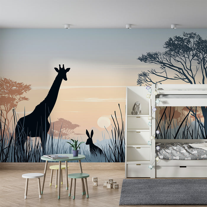 Kids room wallpaper | Giraffe and rabbit silhouettes at sunset