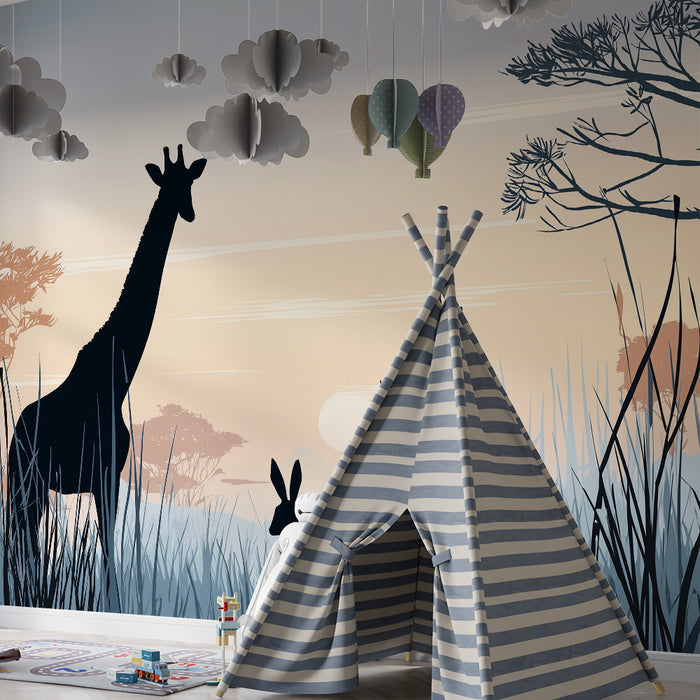 Kids room wallpaper | Giraffe and rabbit silhouettes at sunset
