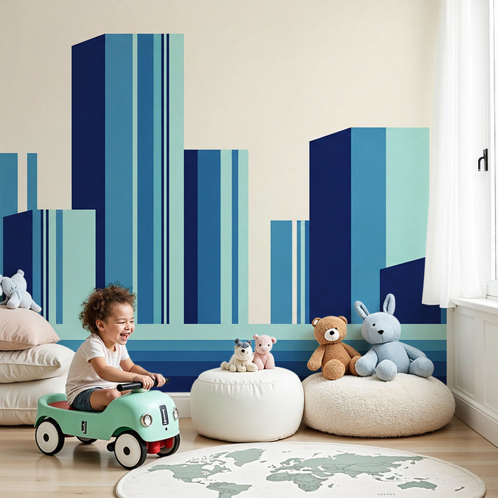 Children's bedroom wallpaper | Skyline silhouettes in blue gradient