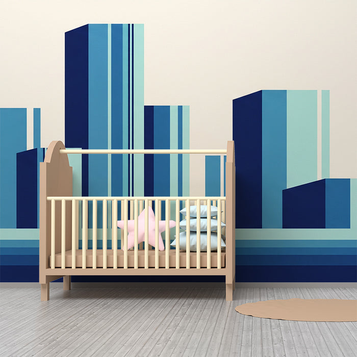 Children's bedroom wallpaper | Skyline silhouettes in blue gradient