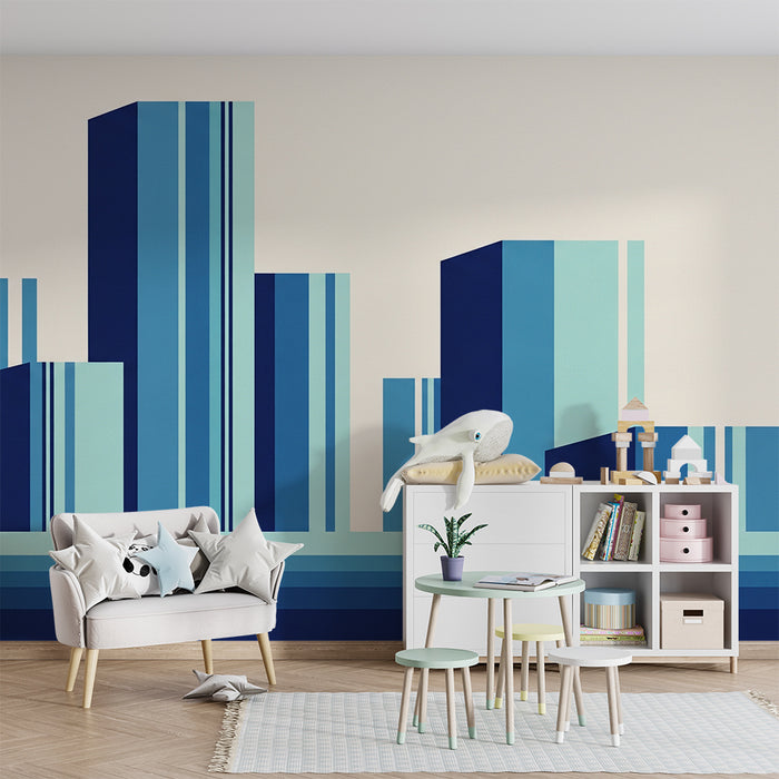Children's bedroom wallpaper | Skyline silhouettes in blue gradient