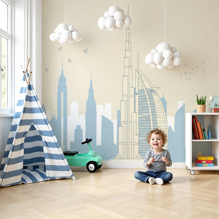Kinderzimmer-Tapete | Silhouetten von Wolkenkratzern und Palmen in sanften Tönen