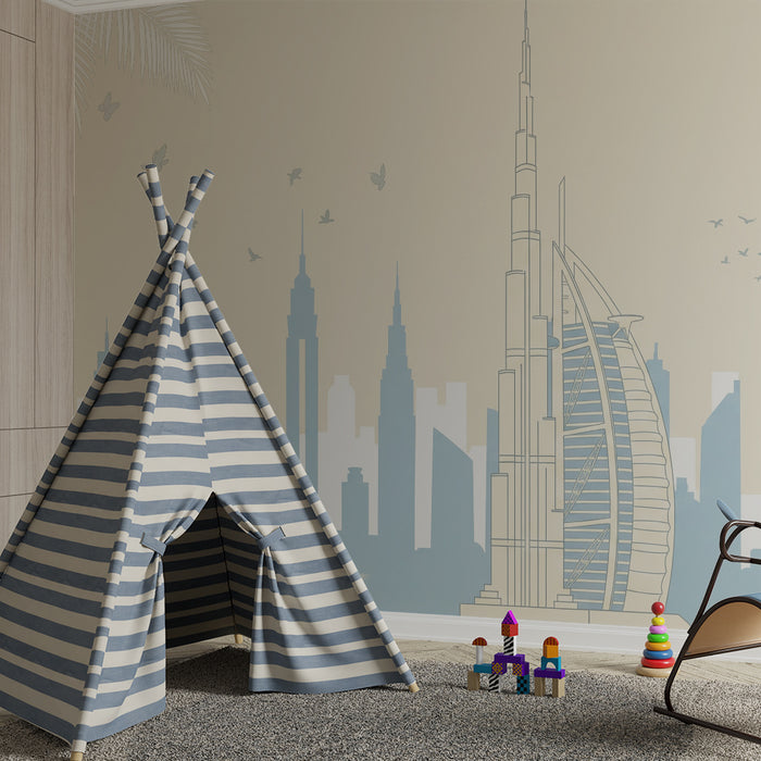 Kinderzimmer-Tapete | Silhouetten von Wolkenkratzern und Palmen in sanften Tönen