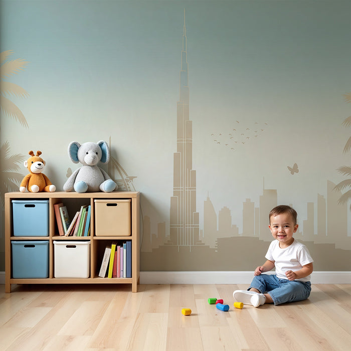 Carta da parati per camera bambini | Sagome della città moderna con palme e cielo rilassante