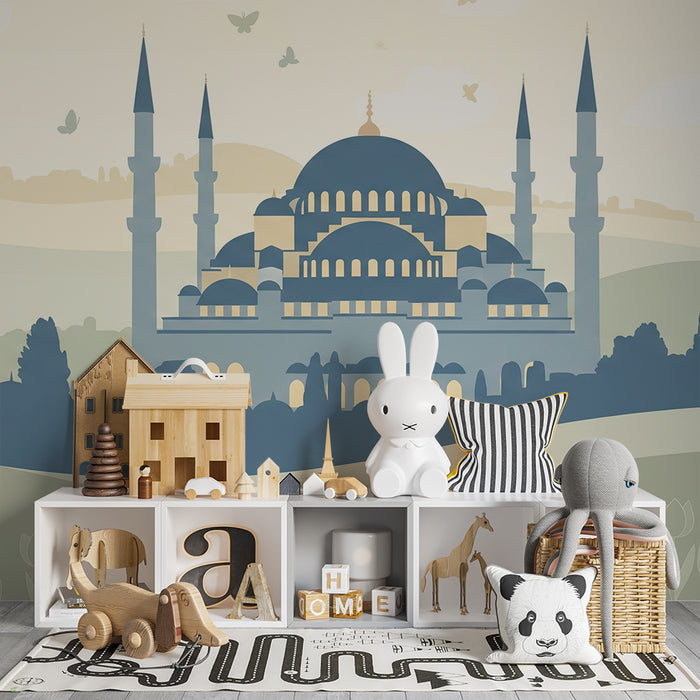 Papier peint chambre enfant | Silhouettes de mosquées et paysages doux