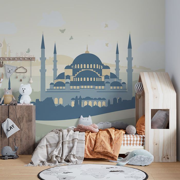 Papier peint chambre enfant | Silhouettes de mosquées et paysages doux