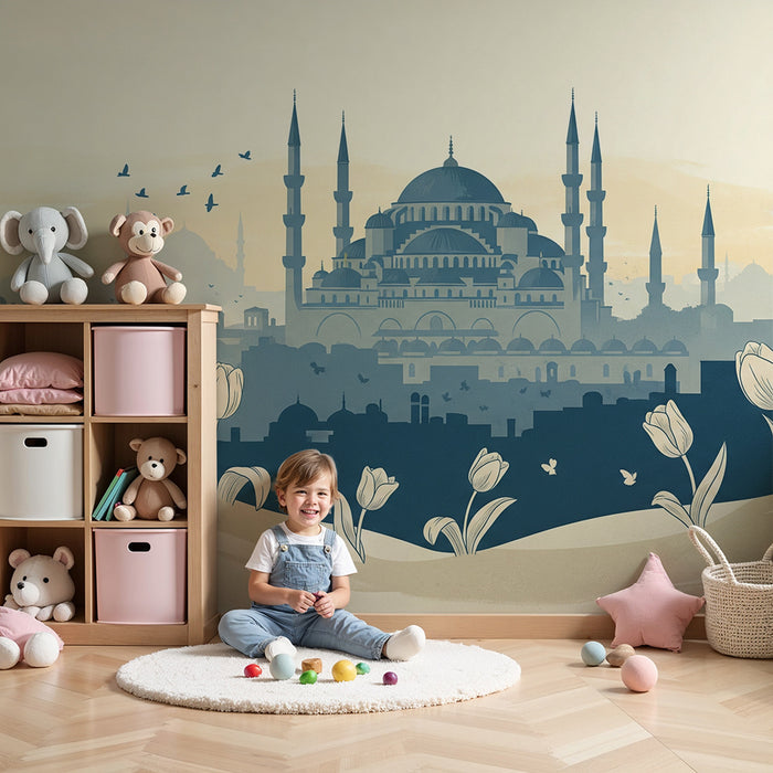 **Tapete Kinderzimmer | Silhouetten von Moscheen und Tulpen in einer beruhigenden Landschaft**