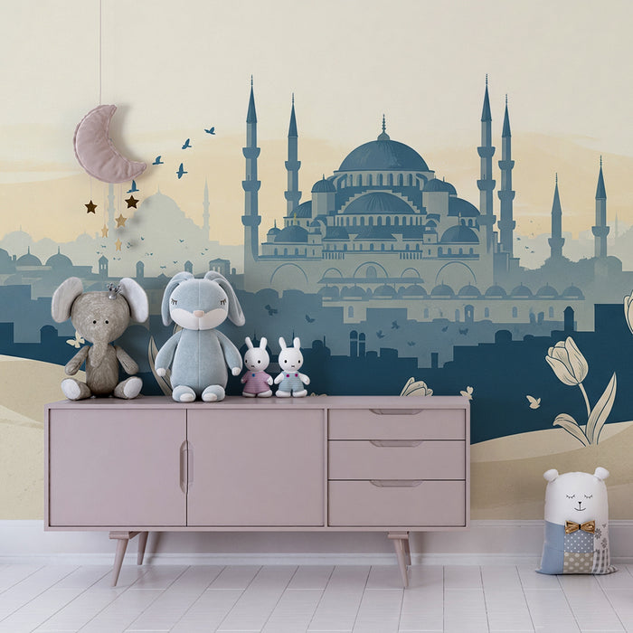 **Tapete Kinderzimmer | Silhouetten von Moscheen und Tulpen in einer beruhigenden Landschaft**