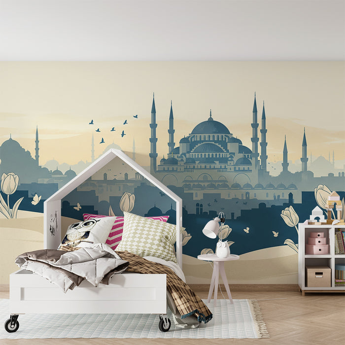 **Tapete Kinderzimmer | Silhouetten von Moscheen und Tulpen in einer beruhigenden Landschaft**