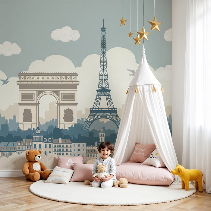 Papier peint chambre enfant | Silhouettes de Paris avec la Tour Eiffel et l'Arc de Triomphe
