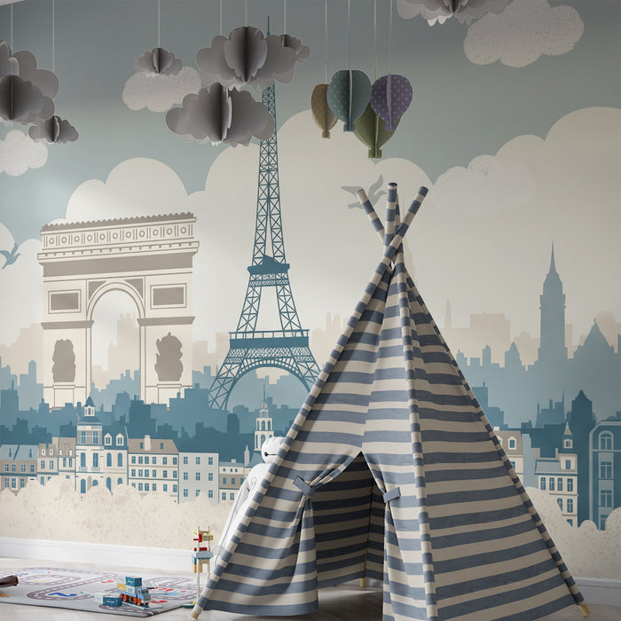 Papier peint chambre enfant | Silhouettes de Paris avec la Tour Eiffel et l'Arc de Triomphe