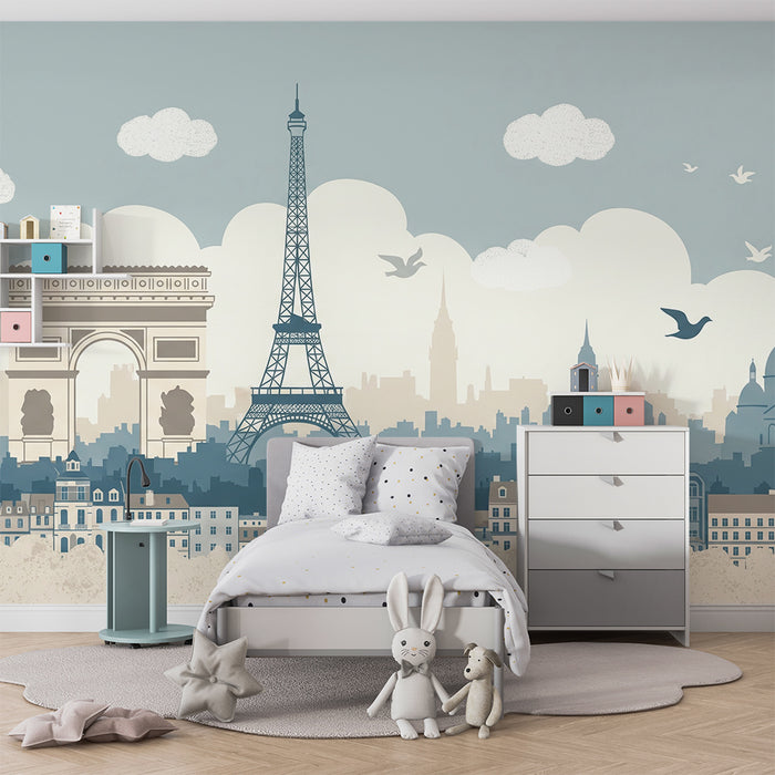 Papier peint chambre enfant | Silhouettes de Paris avec la Tour Eiffel et l'Arc de Triomphe