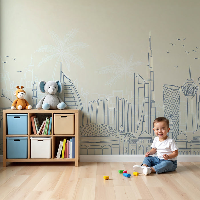 Carta da parati per camera bambini | Sagome di città moderne e tradizionali con palme