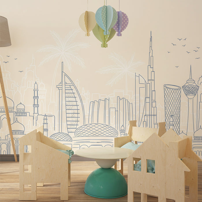Carta da parati per camera bambini | Sagome di città moderne e tradizionali con palme