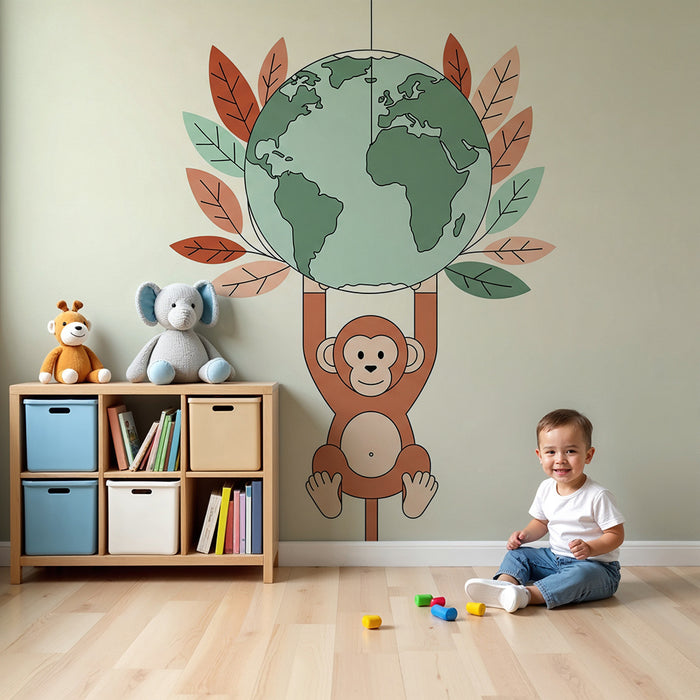 Kinderkamer behang | Grappige aap draagt de aardbol omringd door kleurrijke bladeren
