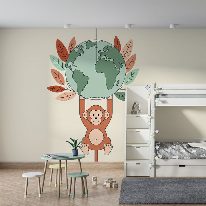 Kinderkamer behang | Grappige aap draagt de aardbol omringd door kleurrijke bladeren