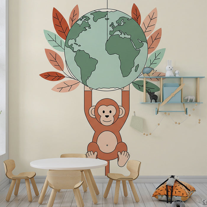Kinderkamer behang | Grappige aap draagt de aardbol omringd door kleurrijke bladeren