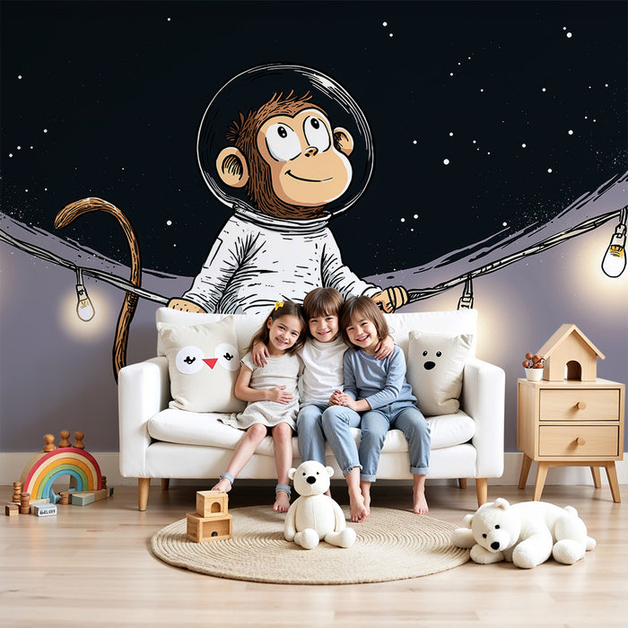 Kinderkamer behang | Zwevende astronautenaap onder de sterren