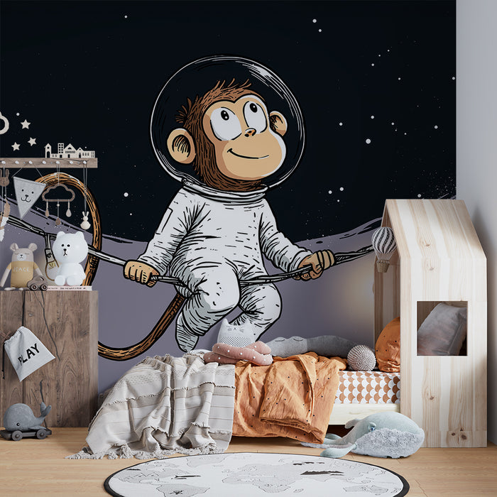 Kinderkamer behang | Zwevende astronautenaap onder de sterren
