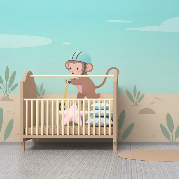 Carta da parati bambini | Scimmia avventuriera in monopattino