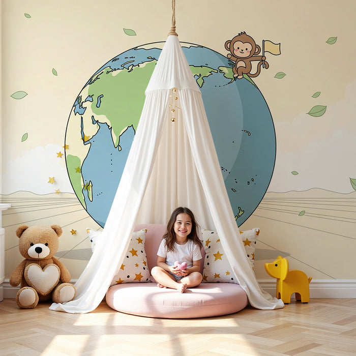Papier peint chambre enfant | Singe aventurier sur la planète Terre