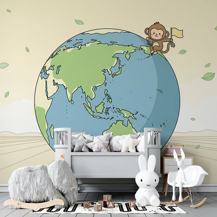 Papier peint chambre enfant | Singe aventurier sur la planète Terre