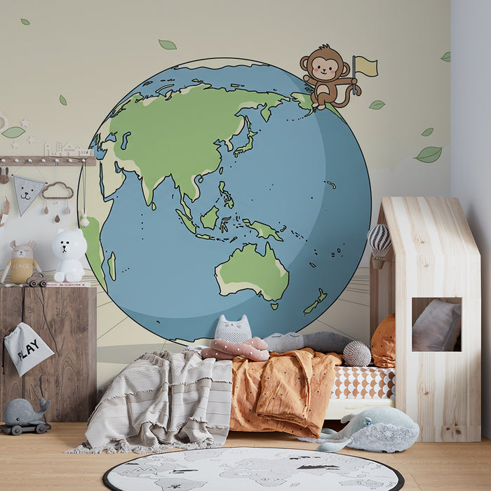 Papier peint chambre enfant | Singe aventurier sur la planète Terre