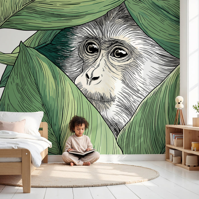 Kids room wallpaper | Curious monkey hidden among lush leaves