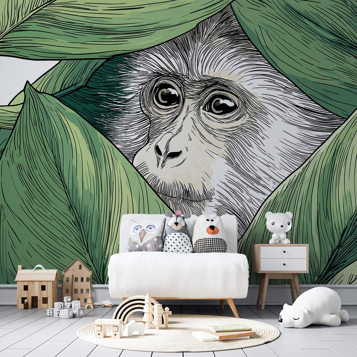 Kids room wallpaper | Curious monkey hidden among lush leaves